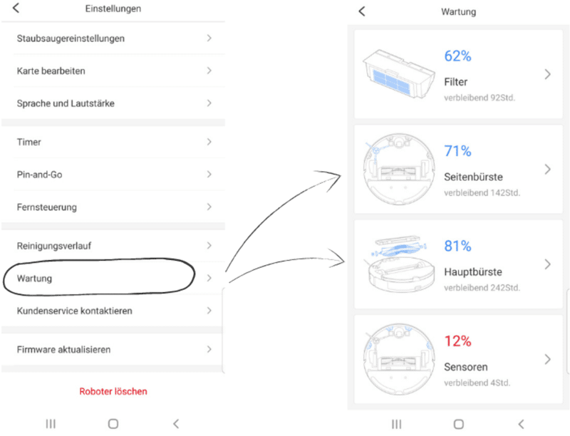 Die Notwendigkeit der Wartung der Seiten- und Hauptbürste wird in der Handy-App eines Saugroboters angezeigt